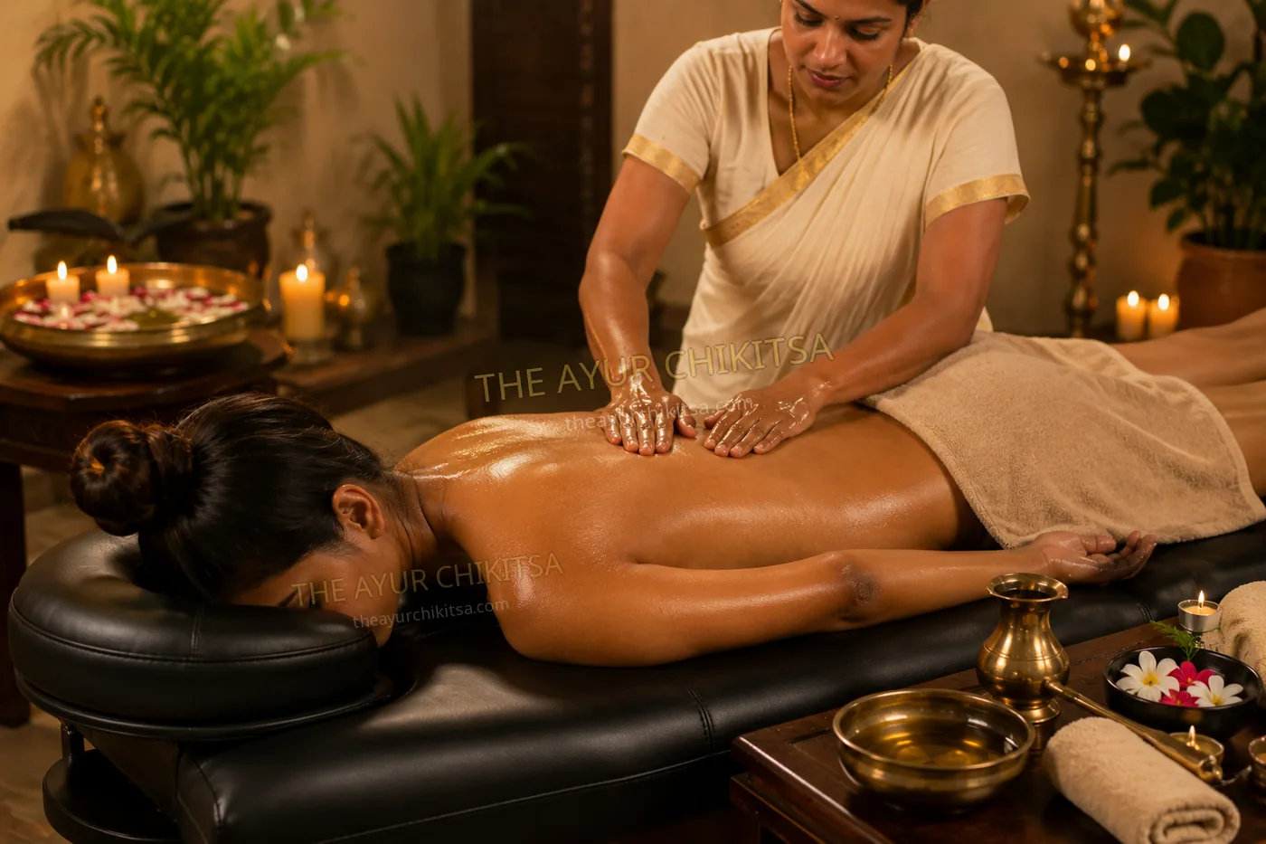 Traditional Full Body Abhyanga massage with warm Ayurvedic herbal oil.